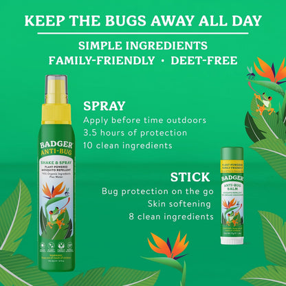 Badger Bug Repellent, Easy to Use Travel Stick, DEET-Free Mosquito Repellent & Insect Protection, Certified Organic Essential Oil Balm