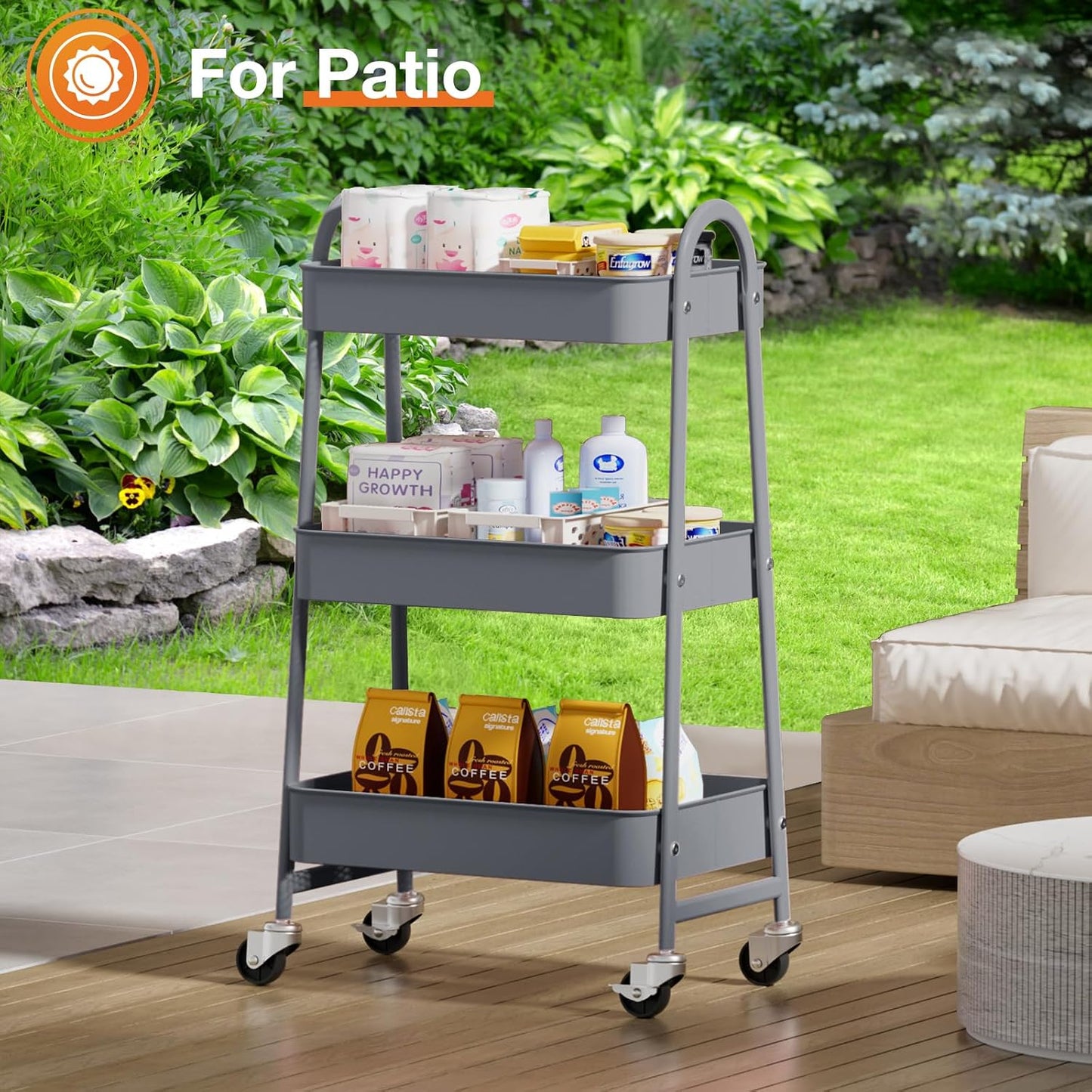 NEWBULIG 3-Tier Rolling Storage Cart, Metal Mobile Utility Organizer Shelf with Lockable Wheels, Space-Saving Freestanding Storage for Bathroom Living Room and Narrow Corner Spaces, Green