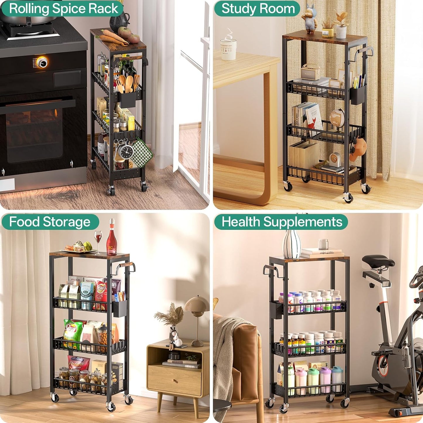 DTUQYX Slim Bathroom Storage Cart, 4 Tier Small Rolling Organizer Cabinet with Wood Top Handle, Mobile Shelving Unit Slide Out for Office, Kitchen, Laundry Room & Narrow Places (9.1" W Metal Basket)