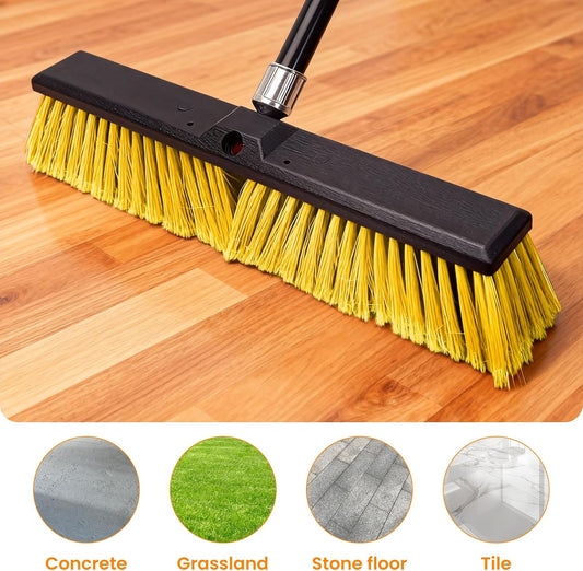 2 Pack 18" Push Broom Outdoor, Heavy Duty Broom with 62" Long Handle, Stiff Bristle Garage Broom for Patio Deck Driveway Concrete Floor Shop Warehouse Cleaning