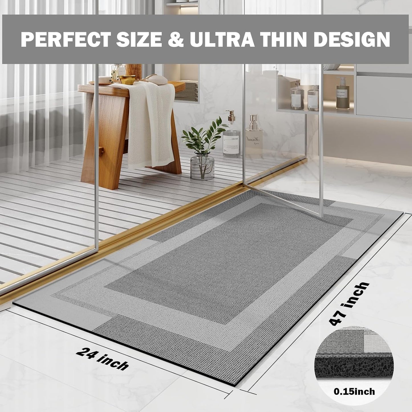 YDKGL Non Slip Bath Mat, Rubber Backing Ultra Thin Bathroom Rugs Fit Under Door Quick Dry Super Absorbent Washable Bath Rug Shower Mat for Bathroom Floor Bathtub Shower Sink, Easy Care Blue 16"x 24"