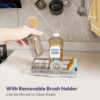 SWTYMIKI Sink Caddy Sponge Holder - Kitchen Sink Organizer with High Brush Holder for Countertop to Hold Dish Soaps and Sponges, Stainless Steel, Black