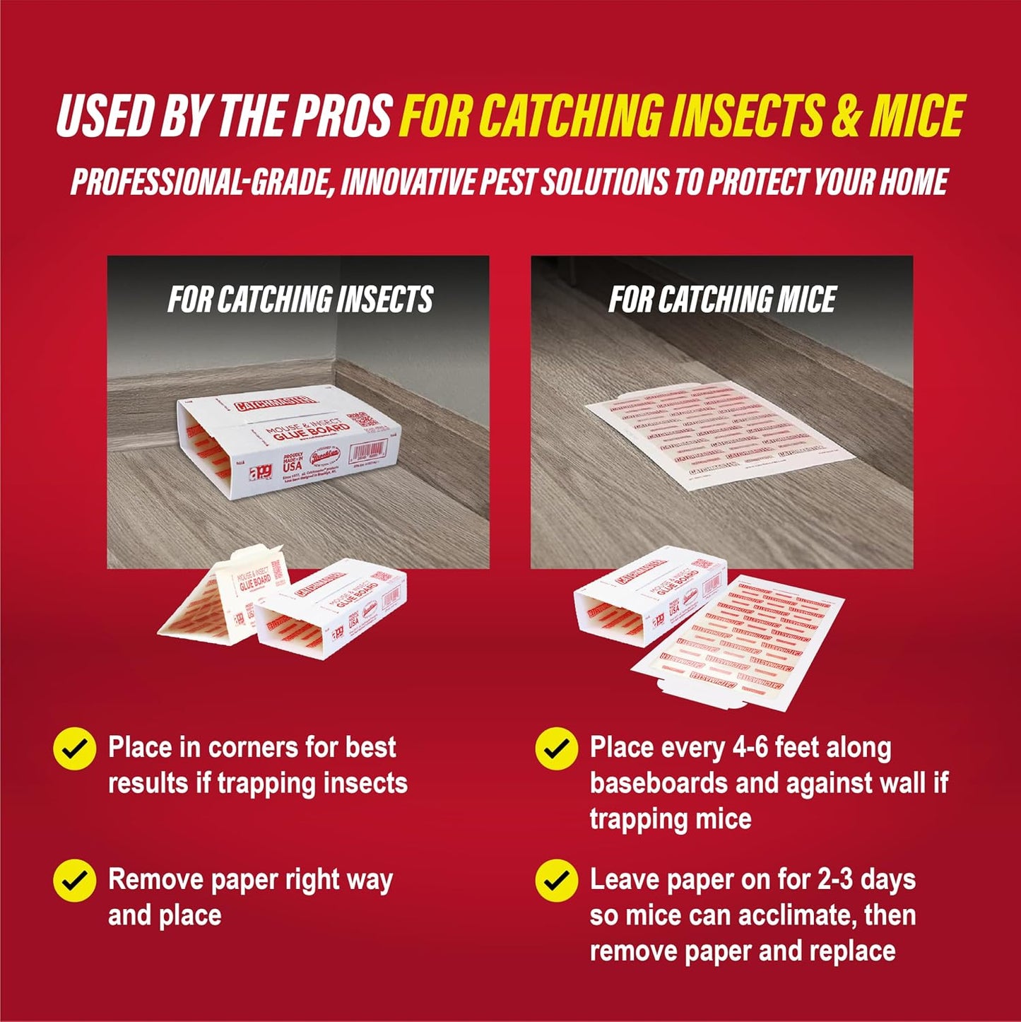 Catchmaster Compact Sticky Insect & Mouse Traps 75-Count, 3.5"x7" Glue Boards for Mice & Insects, Ultra Sticky Mouse Traps Indoor for Home Use in Garages, Basements & Attics, Capture in Tight Places
