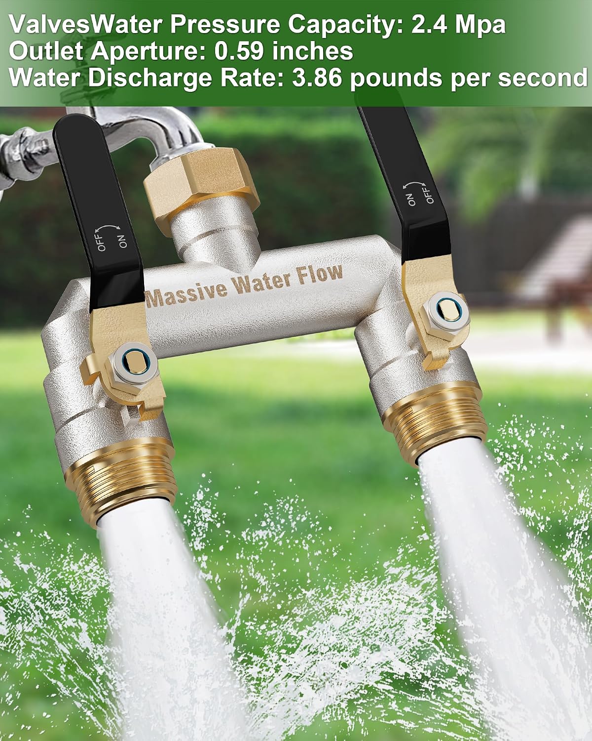 Hose Splitter 2 Way Heavy Duty, Garden Hose Splitter with 304 Stainless Steel Long Handle, Full Flow Brass Nickel Plated Water Hose T Spigot Splitter Adapter Connector, 3/4 - Inch GHT Thread (Blue)