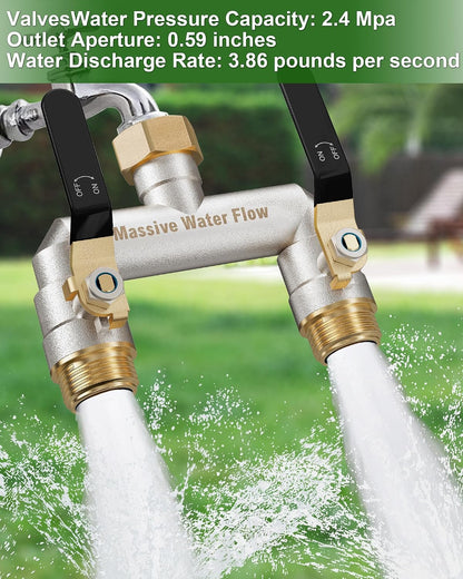 Hose Splitter 2 Way Heavy Duty, Garden Hose Splitter with 304 Stainless Steel Long Handle, Full Flow Brass Nickel Plated Water Hose T Spigot Splitter Adapter Connector, 3/4 - Inch GHT Thread (Blue)