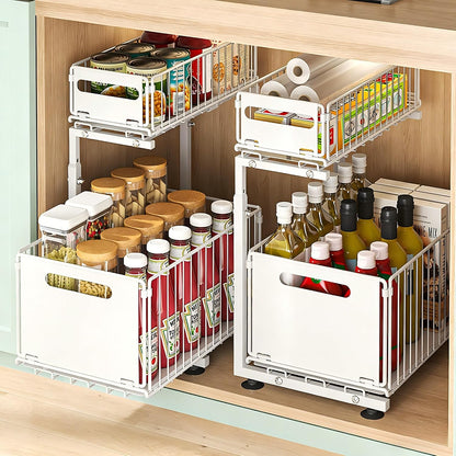 Under Sink Organizer, 2-Tier Multi-Use Kitchen and Bathroom Organizers and Storage, Slide Out Thickened Metal Under The Sink Organizer for Kitchen Bathroom Pantry (Style A White, 1 Pack)