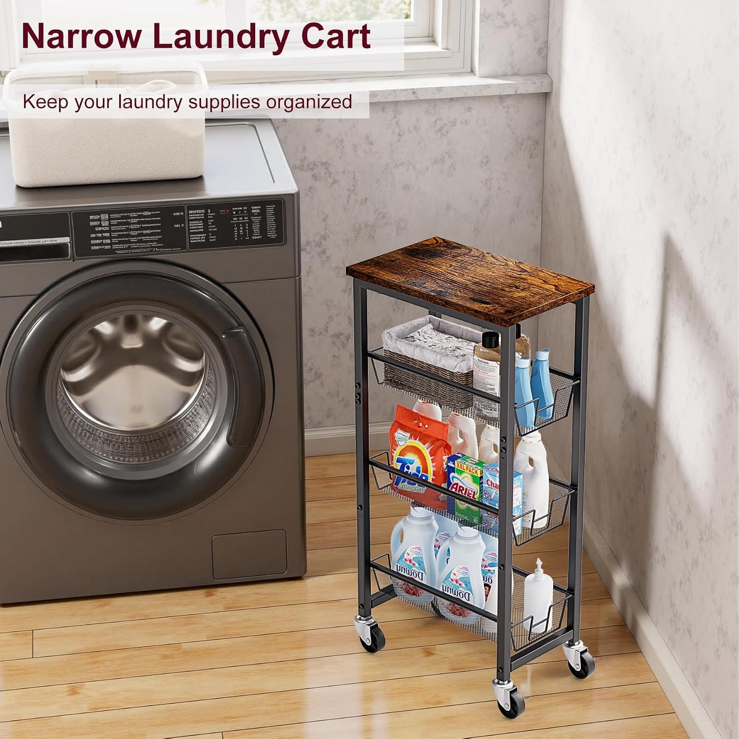 Honest Slim Storage Cart 4-Tier Slim Rolling Cart with Metal Frame and Wooden Top, 6.3 Inches, Storage Cart for Kitchen, Dining Room, Living Room, Bathroom, Home Office, Rustic Brown and Black