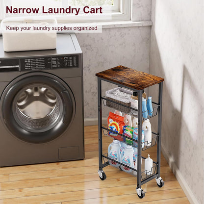 Honest Slim Storage Cart 4-Tier Slim Rolling Cart with Metal Frame and Wooden Top, 6.3 Inches, Storage Cart for Kitchen, Dining Room, Living Room, Bathroom, Home Office, Rustic Brown and Black