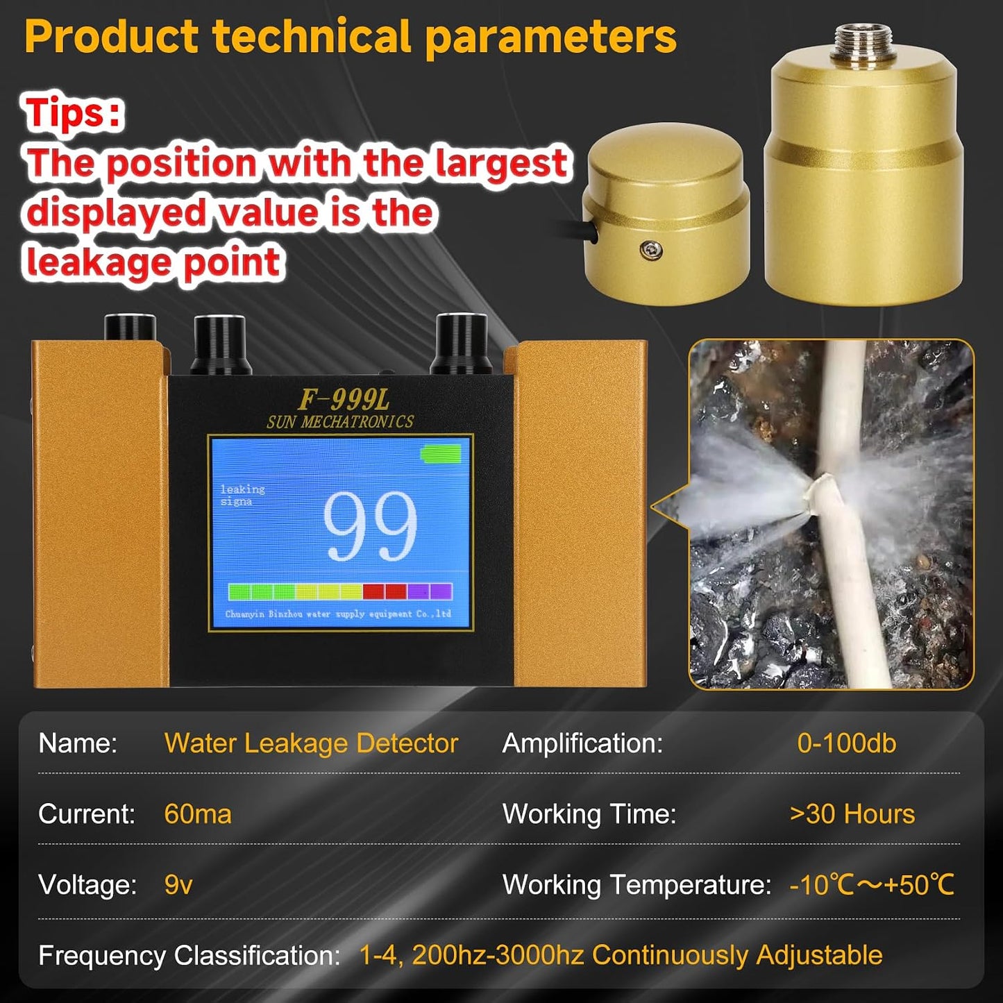 Underground Water Leak Detector, Water Pipe Leak Detector, Two Size Sensors Precise Positioning, High-Sensitivity Digital Display Leakage Sensor, Carrying Case