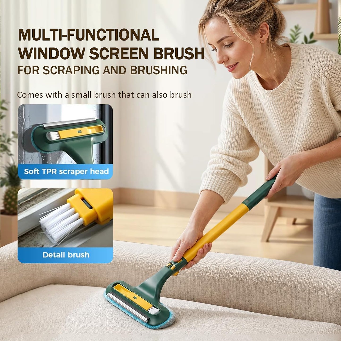 Window Screen Cleaning Brush, 2 in 1 Net Window Mesh Screen Cleaner Tool with Squeegee, Wet Dry Dual-Use Multi-Purpose Cleaning Brush for Dusty Corners, Patio Door Porch Screens, Blue