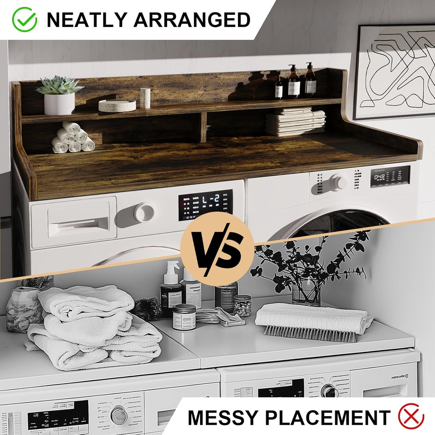 Washer Dryer Countertop, 54" x 27.55" 2-Tier Washer Dryer Topper with Edge, for Laundry Room Organization Oak