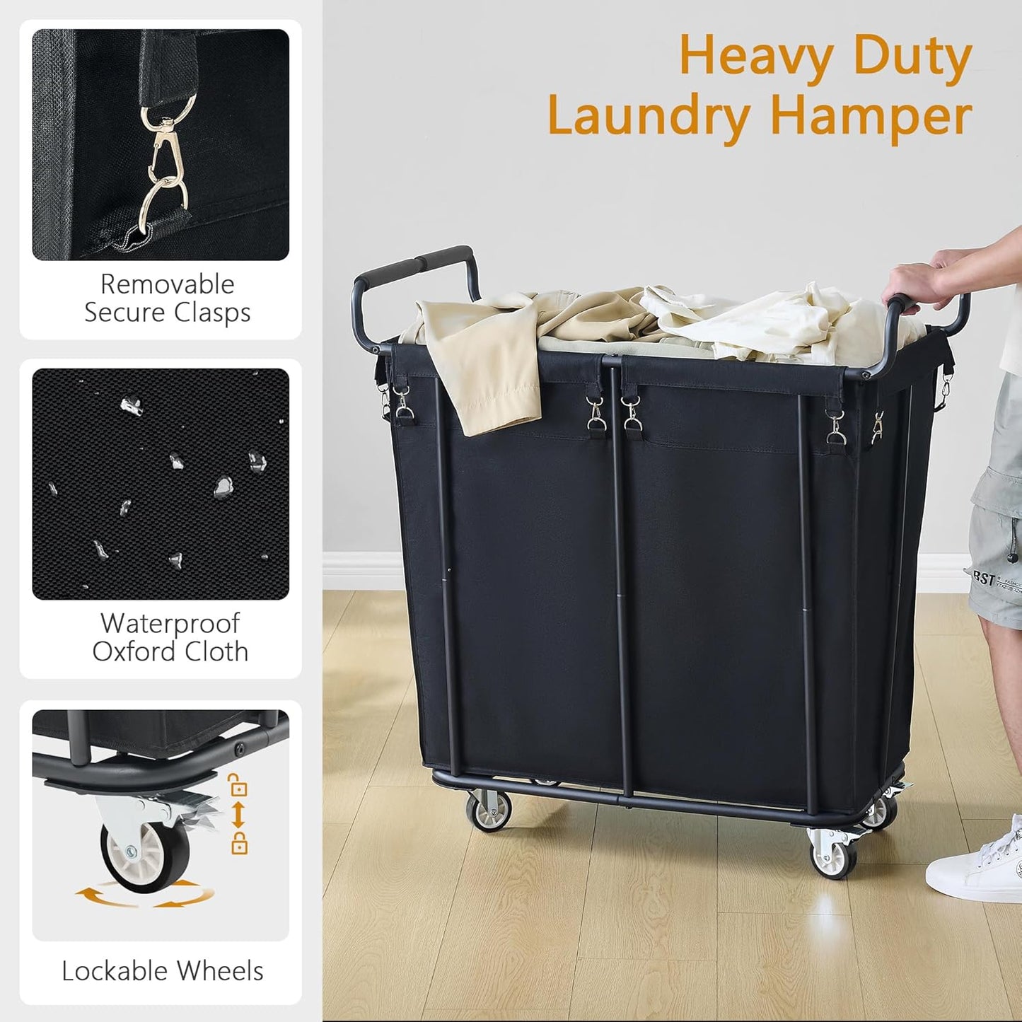 Gewudraw Large laundry hamper with Wheels, 3 Bag Big Rolling Laundry Hamper Sorter Cart, Extra Large Laundry Clothes Hamper, Heavy Duty Laundry Basket Organizer for Laundry Room,Bathroom,Black