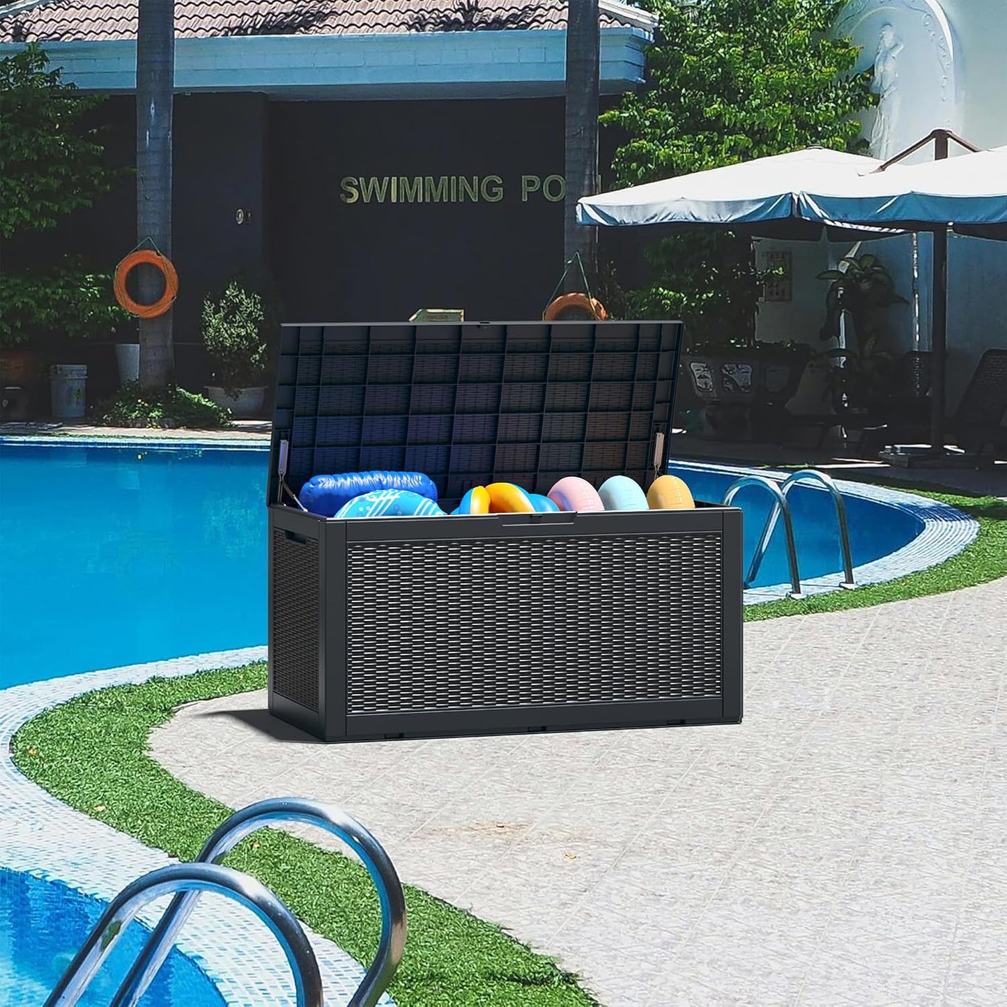 NUNU LAB Outdoor Storage Box, 45 Gallon Outside Deck Box Waterproof, Resin Outdoor Storage Cabinet With Lockable Lid, Backyard Storage Bench For Garden Tools, Patio Cushions, Pool Tools, Black