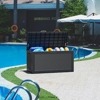 NUNU LAB Outdoor Storage Box, 45 Gallon Outside Deck Box Waterproof, Resin Outdoor Storage Cabinet With Lockable Lid, Backyard Storage Bench For Garden Tools, Patio Cushions, Pool Tools, Black