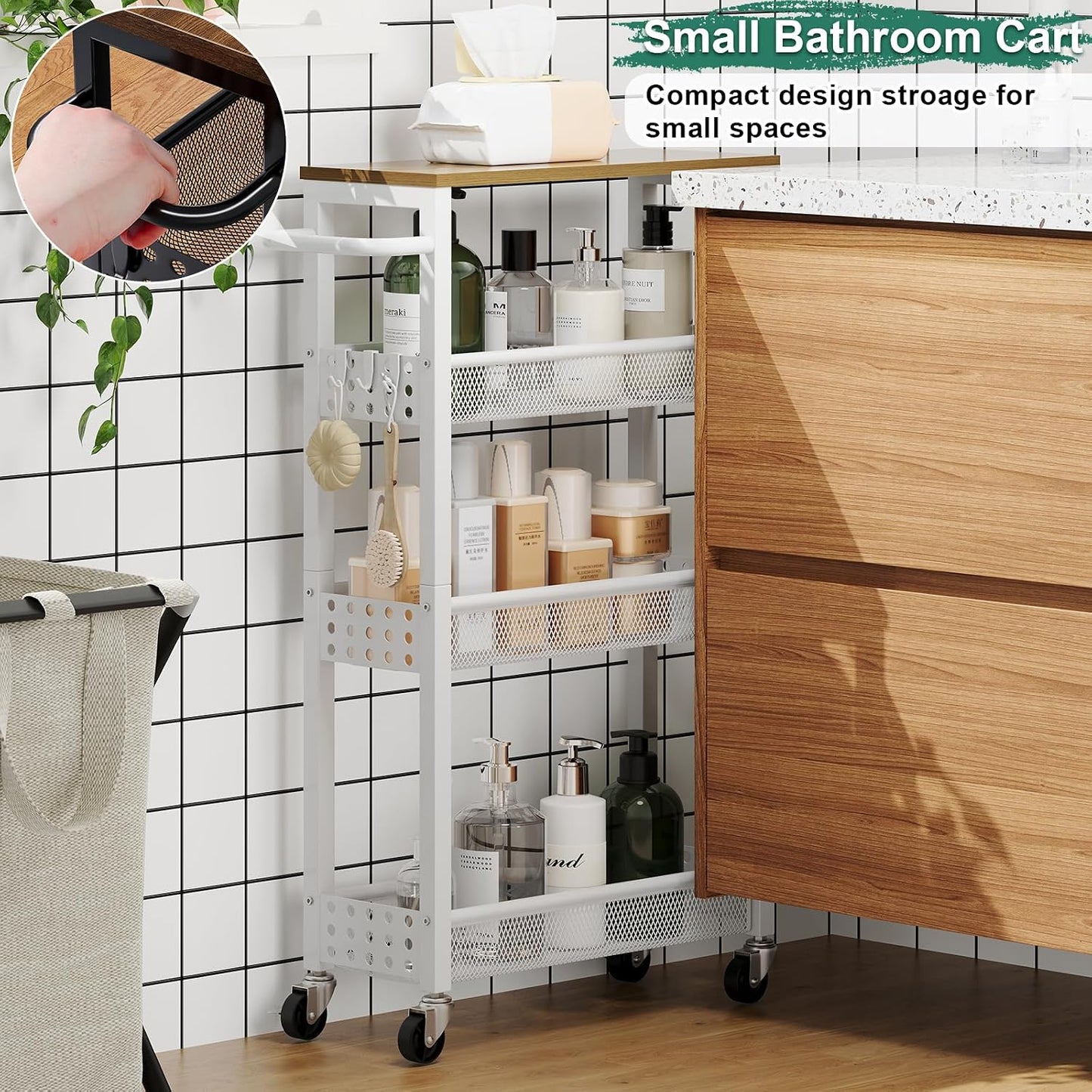 Utility Slim Storage Cart, 4-Tier Narrow Bathroom Organizers and Storage Cart, Narrow Metal Kitchen Laundry Room Organization Shelf with Wood Top, Slim Rolling Carts with Wheels for Small Space