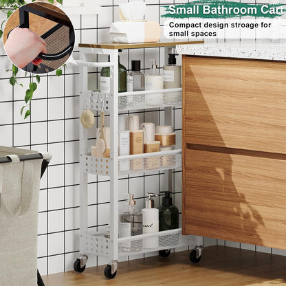 Utility Slim Storage Cart, 4-Tier Narrow Bathroom Organizers and Storage Cart, Narrow Metal Kitchen Laundry Room Organization Shelf with Wood Top, Slim Rolling Carts with Wheels for Small Space