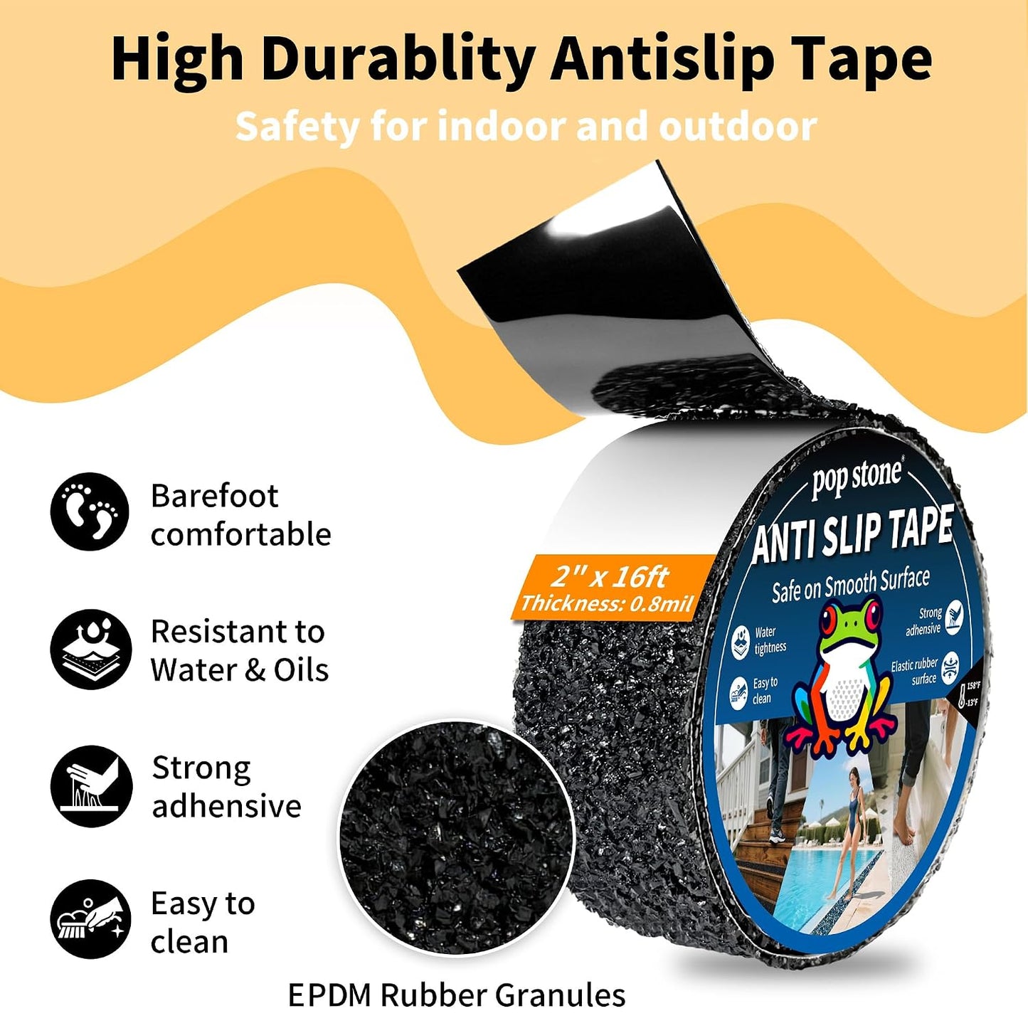 Waterproof Anti-Slip Traction Tape | 2" x16.5 FT | Heavy-Duty EPDM Rubber, Strong Grip & Barefoot Gentle | Indoor & Outdoor Solution: Poolside, Bath, Ramps, Stairs, Board Steps