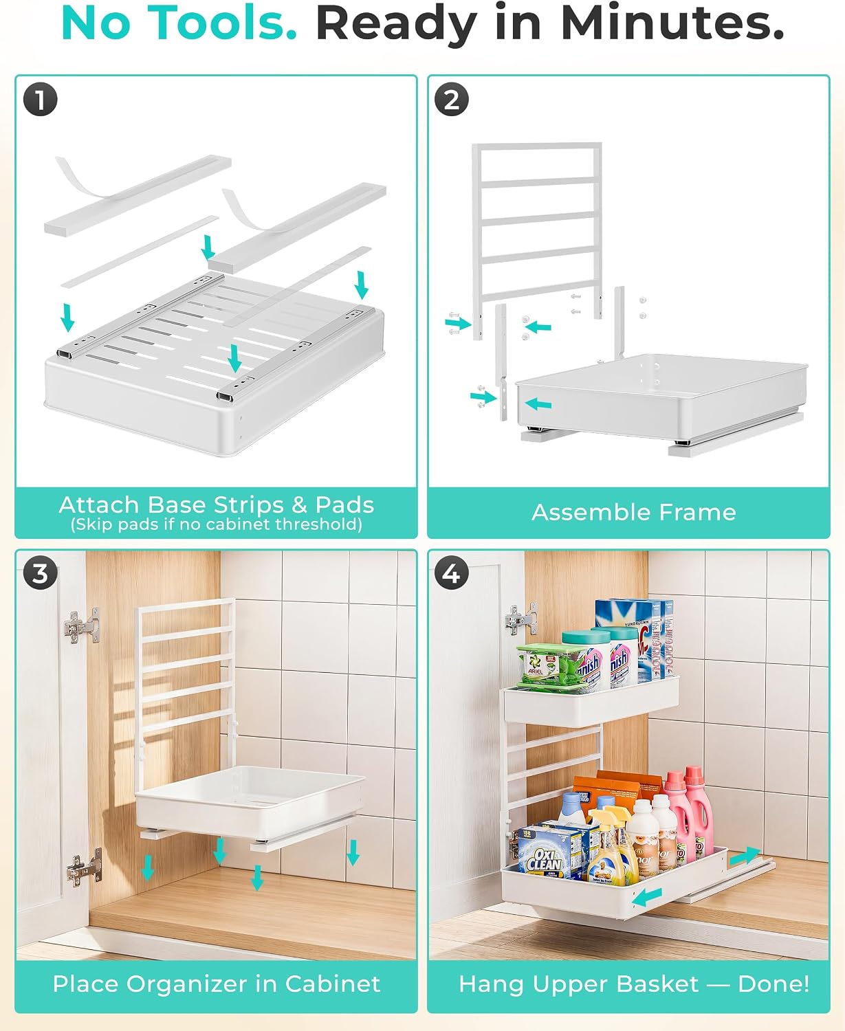 EVERIE Height Adjustable 2 Tier Metal Pull Out Slide Shelf Organizer for Under Sink Cabinets in Kitchen, Bathroom, with Snap-on Top Tray, 16" Deep (Black, 2 Sets) | Pull Out