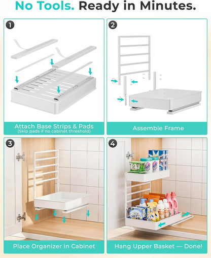 EVERIE Height Adjustable 2 Tier Metal Pull Out Slide Shelf Organizer for Under Sink Cabinets in Kitchen, Bathroom, with Snap-on Top Tray, 16" Deep (Black, 2 Sets) | Pull Out