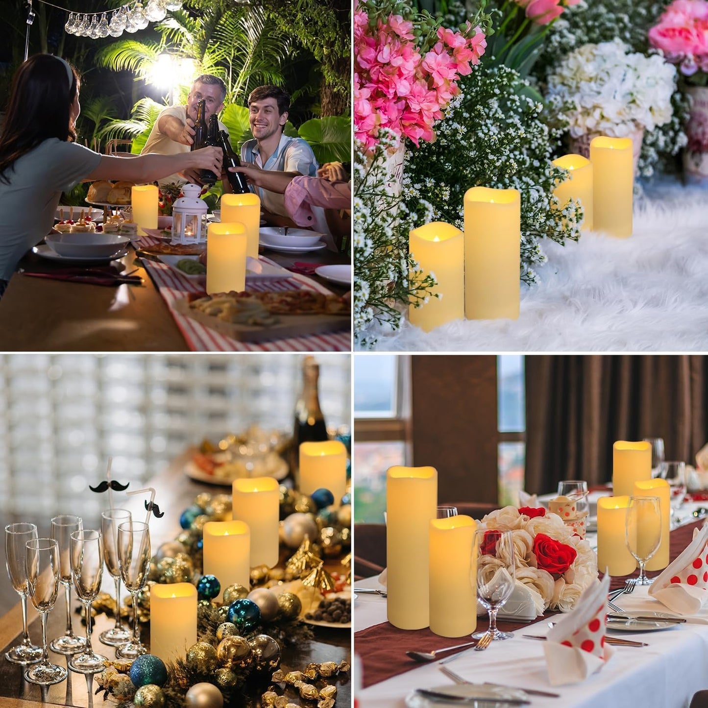 Enpornk Flameless Battery Operated Outdoor Waterproof Set of 12(D: 3" x H: 3" 4" 5" 6") Pillar LED Candles with 10-Key Remote and Cycling 24 Hours Timer