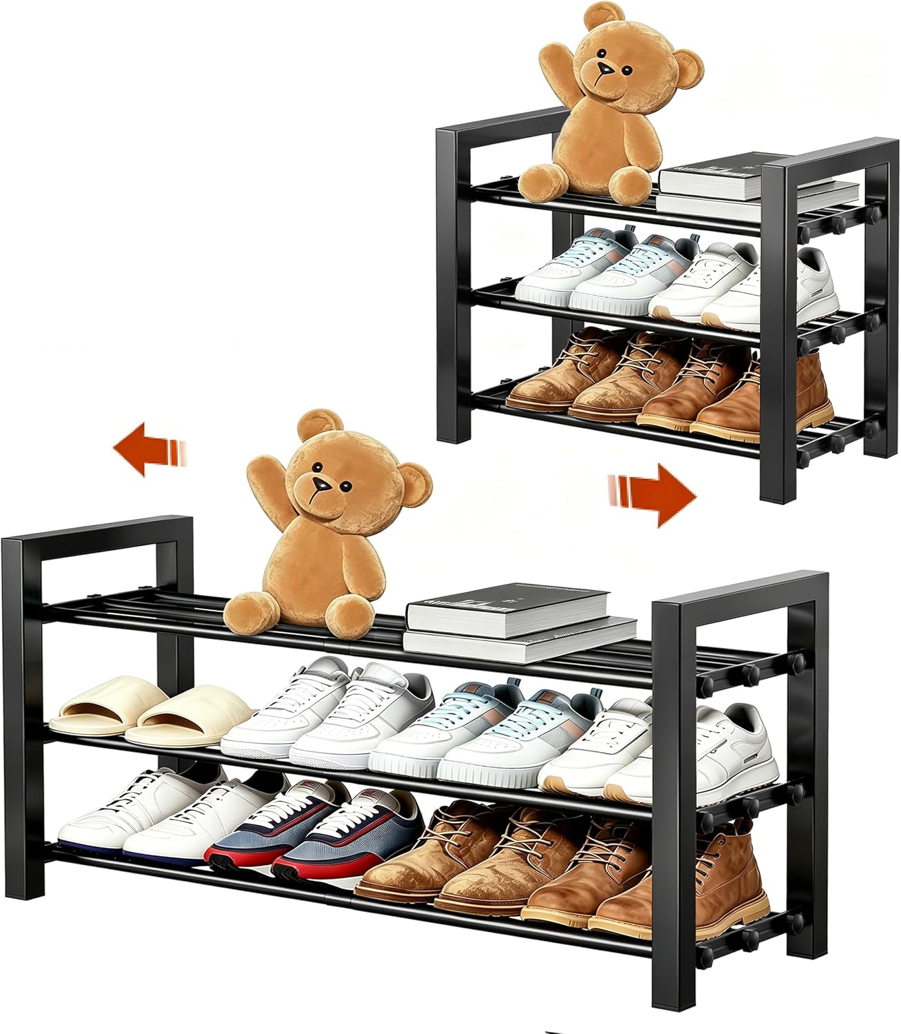 2 Tier Shoe Rack - Expandable Shoe Organizer for Closet, Adjustable Metal Shoe Shelf Storage, Stackable Long Shoe Stand Holder for Garage, Entryway, Door Entrance