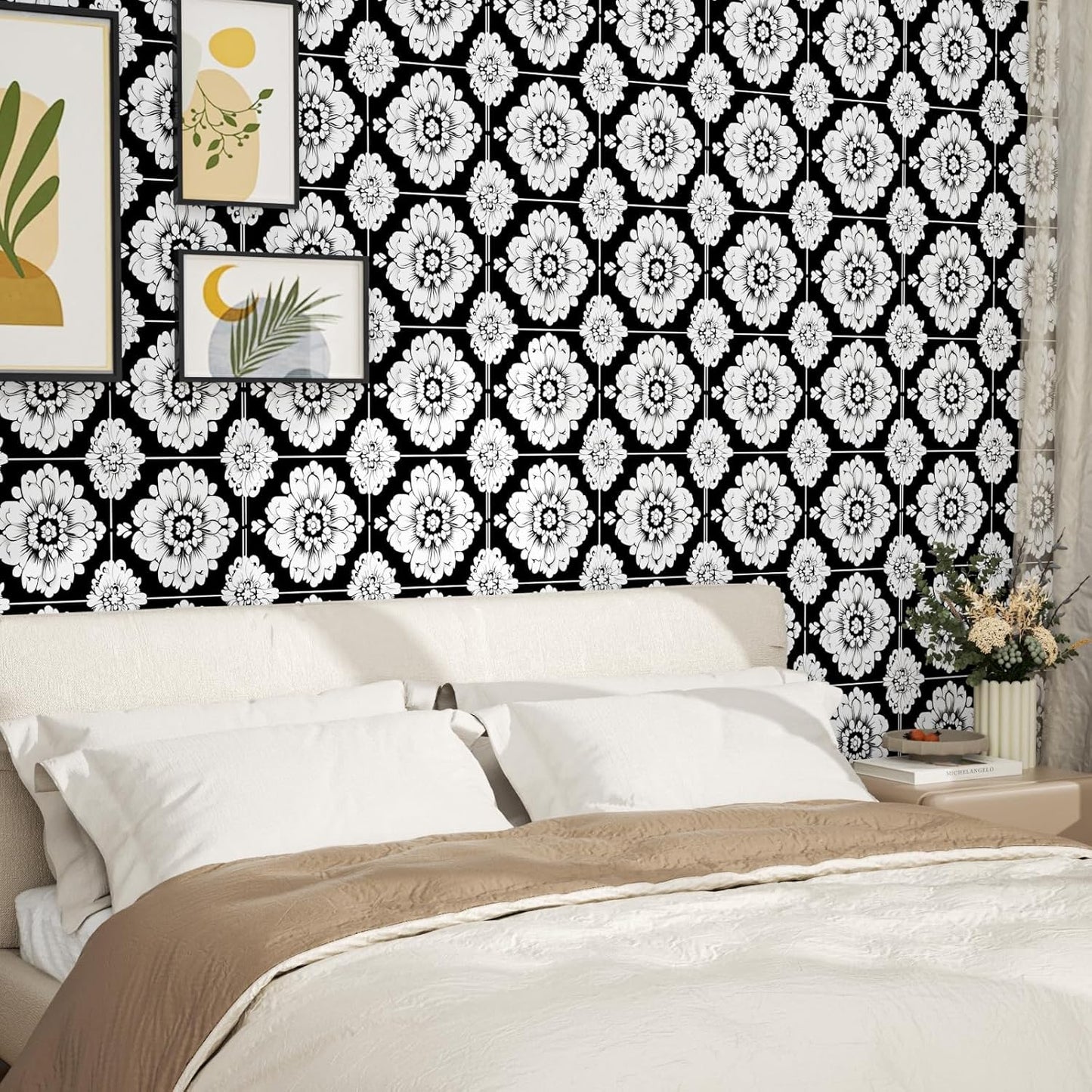 BOKEBEVE Leaves Contact Paper Floral Wallpaper Stick and Peel Boho Damask Wall Paper for Liner Drawer Cabinet Backsplash Renter Friendly Waterproof 17.5 x 118In