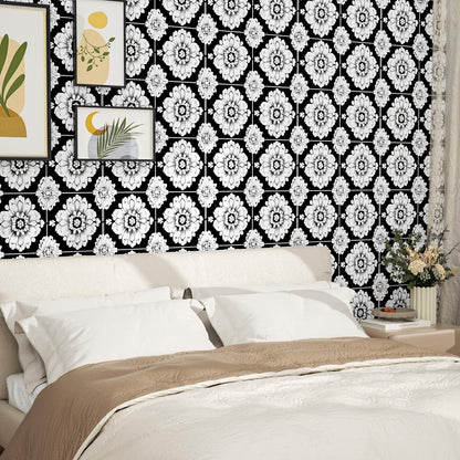 BOKEBEVE Leaves Contact Paper Floral Wallpaper Stick and Peel Boho Damask Wall Paper for Liner Drawer Cabinet Backsplash Renter Friendly Waterproof 17.5 x 118In