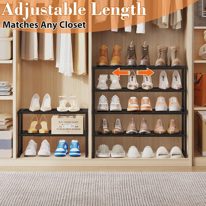 2 Tier Shoe Rack Organizer for Closet and Entryway, Expandable & Stackable Metal Shoe Storage Shelf, Adjustable Small Shoe Rack (17.52-28.74 in), Black