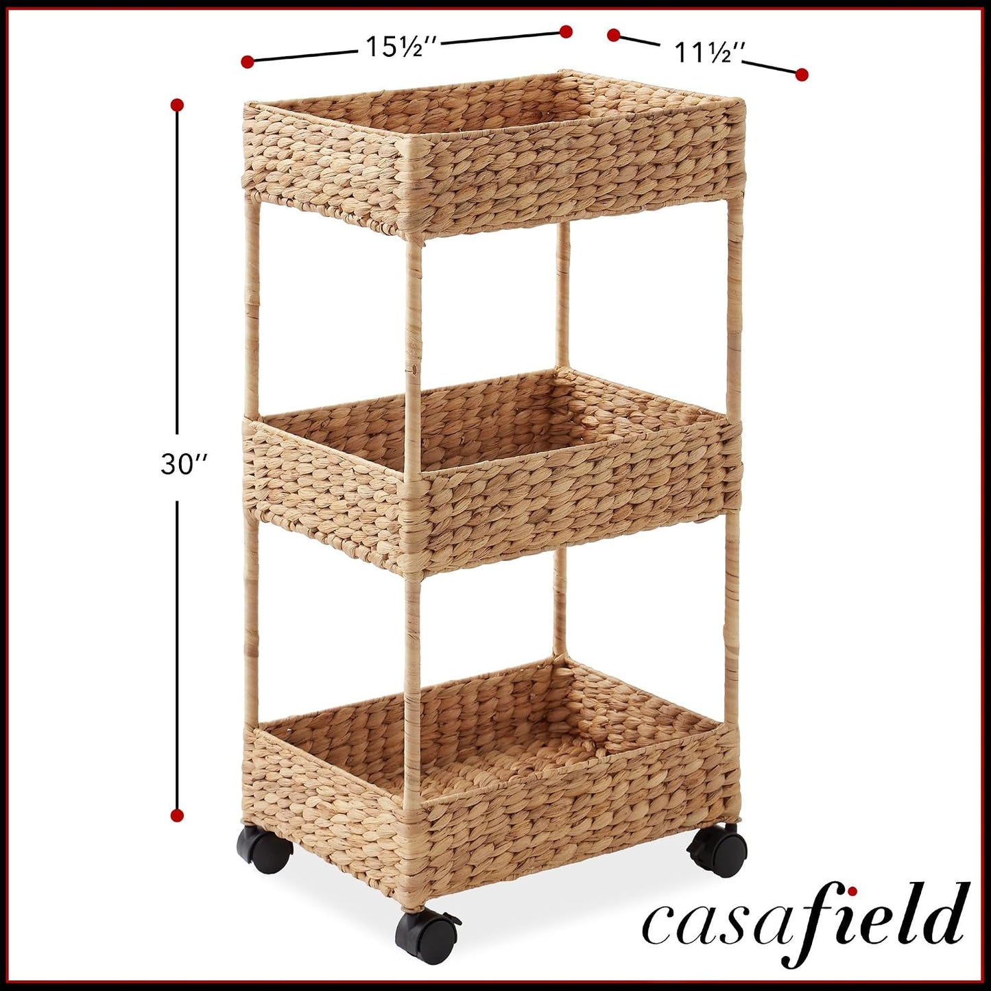 Casafield 3-Tier Rolling Storage Cart - Natural, Water Hyacinth Nursery Caddy, Utility Cart for Bathroom, Craft Room, Laundry Room Organization