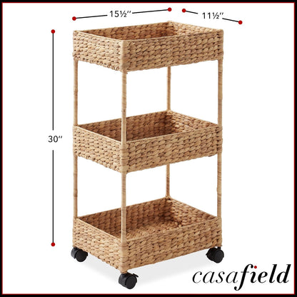 Casafield 3-Tier Rolling Storage Cart - Natural, Water Hyacinth Nursery Caddy, Utility Cart for Bathroom, Craft Room, Laundry Room Organization
