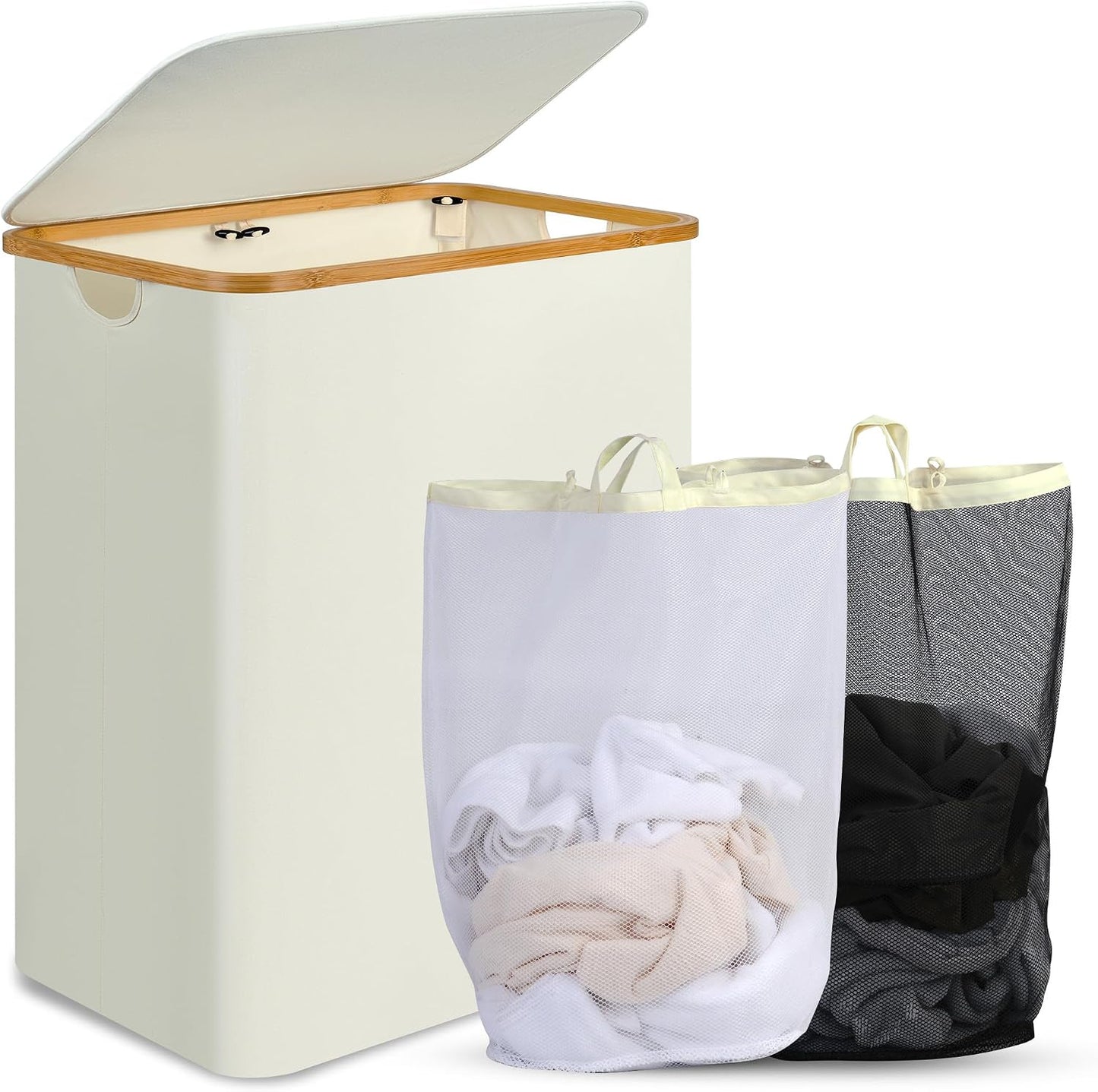 efluky Slim Laundry Basket with Lid, Narrow Laundry Hamper with Removable Bag, Skinny Dirty Clothes Basket with Bamboo Handles for Bathroom, Bedroom & Laundry Room, 75L Beige