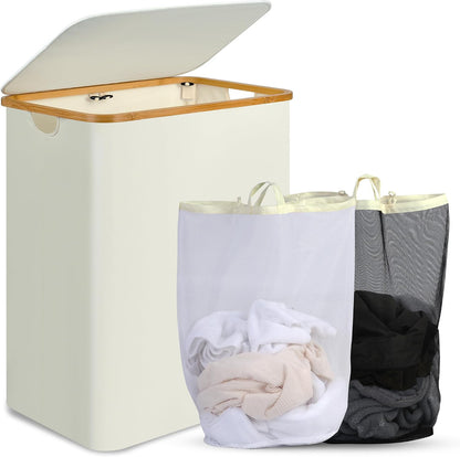 efluky Slim Laundry Basket with Lid, Narrow Laundry Hamper with Removable Bag, Skinny Dirty Clothes Basket with Bamboo Handles for Bathroom, Bedroom & Laundry Room, 75L Beige