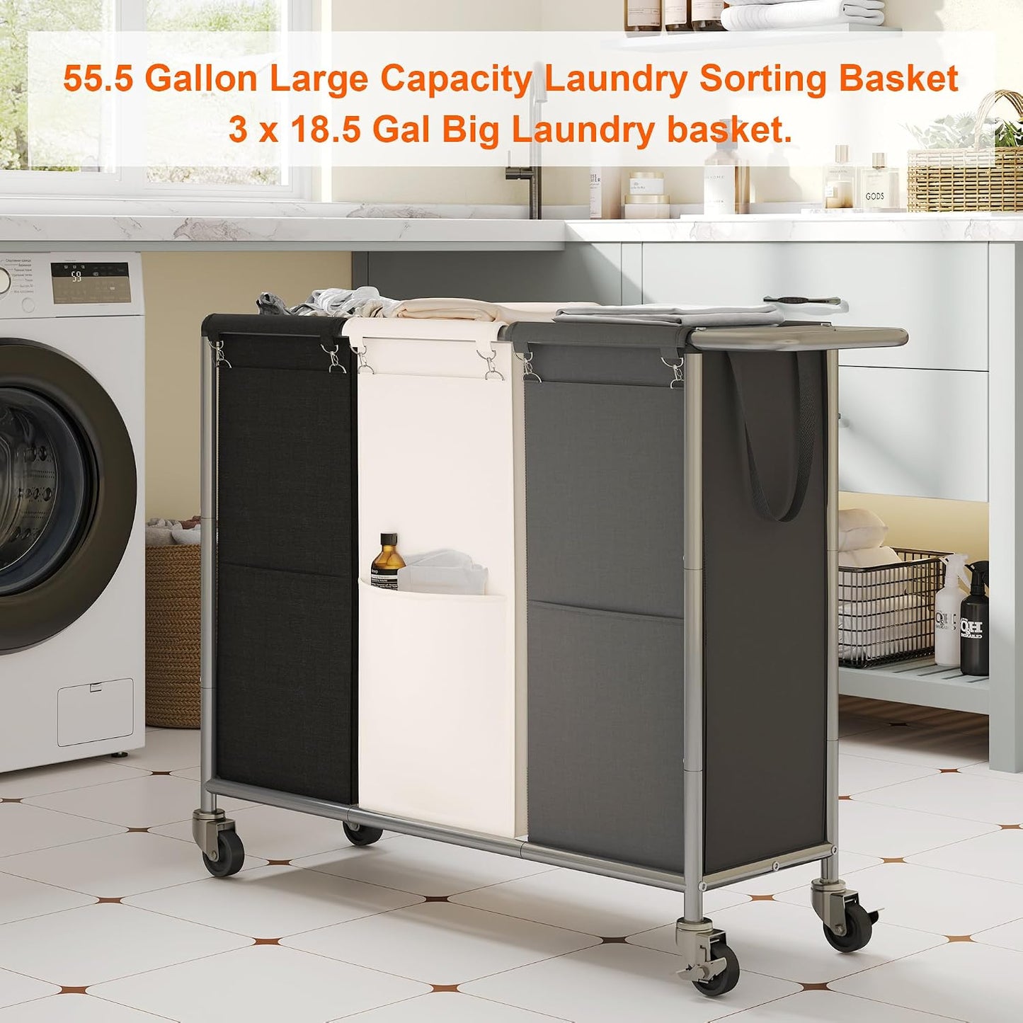 Heybly 3-Section Laundry Sorter Hamper,Rolling Laundry Hamper with Removable Bags – Heavy-Duty Laundry Sorter Cart with Wheels for Dirty Clothes, 40.2 x 15.4 x 33.1 Inches HLH024P03