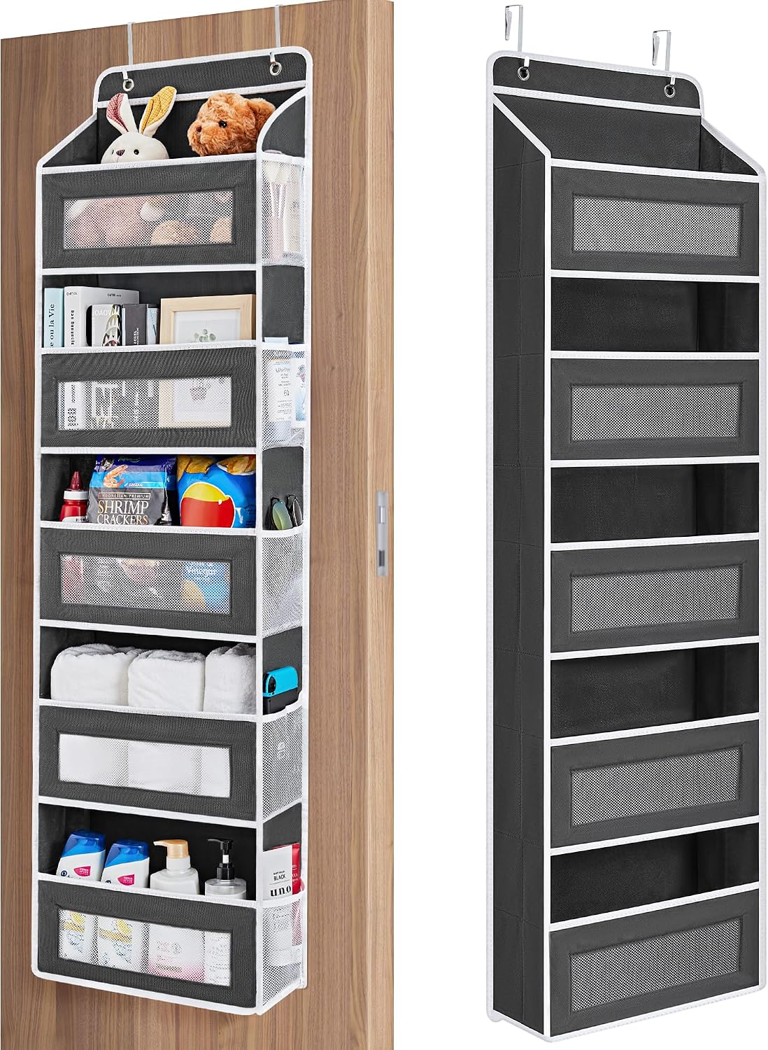 JARLINK 2 Pack Over the Door Organizer Storage, 5 Shelf Hanging Door Organizer with 5 Large Capacity Pockets, Anti Tilt 44 lb Load Behind Door Storage for Bedroom, Bathroom, Pantry, Nursery, (Grey)
