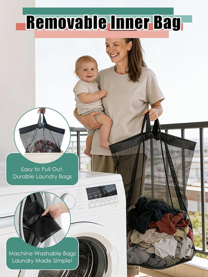 WTREE Laundry Hamper with Lid, Reinforced Sturdy Clothes Hamper with Anti-Puncture Base, Large Collapsible Laundry Basket with Removable Liner Bag, Tall Dirty Clothes Bin for Family, 100L Grey