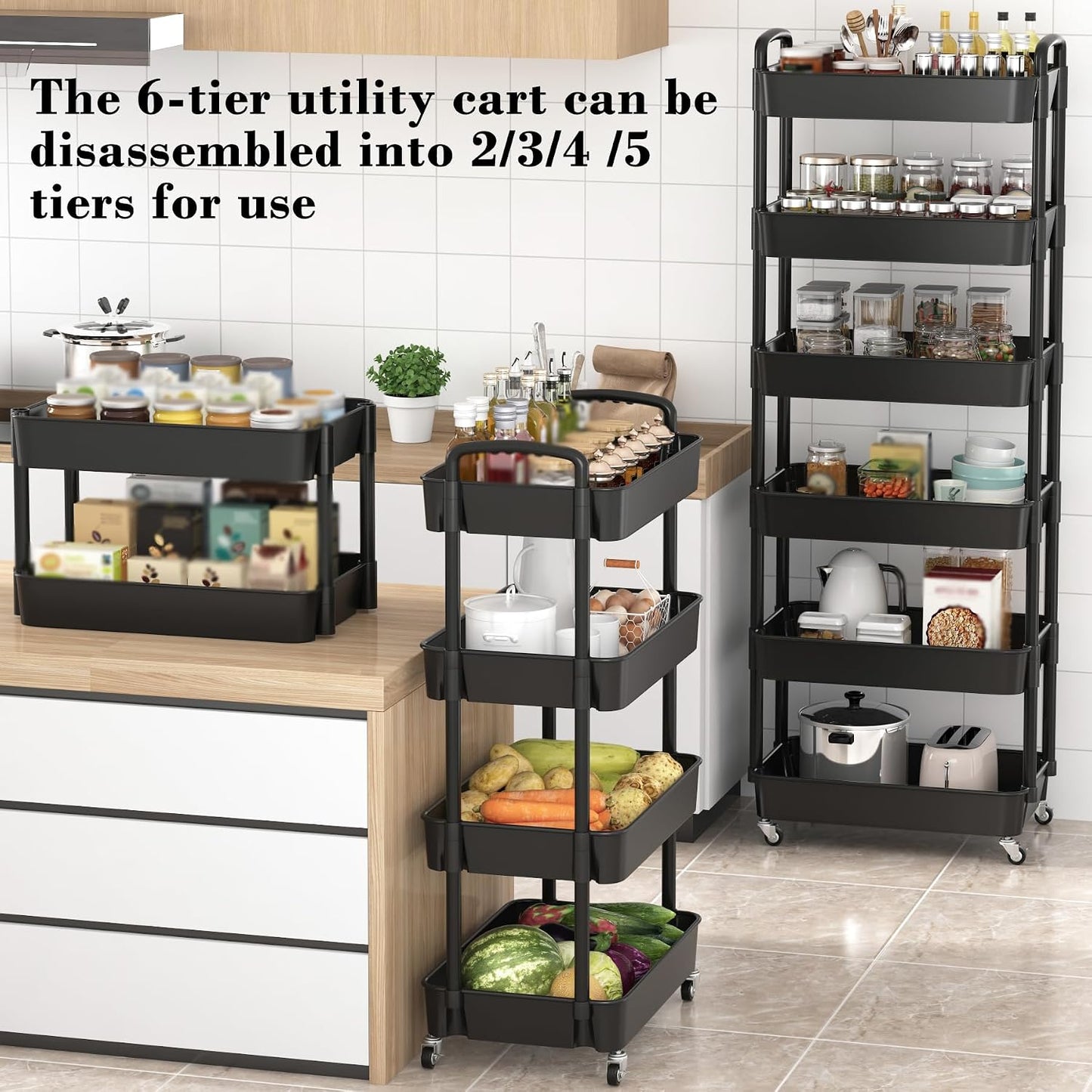 Sywhitta 4-Tier Plastic Rolling Utility Cart with Handle, Multi-Functional Storage Trolley for Office, Living Room, Kitchen, Movable Storage Organizer with Wheels, Black