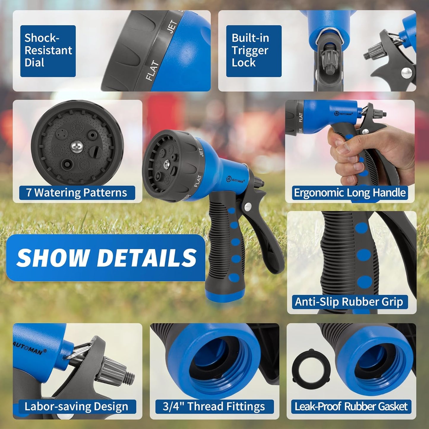AUTOMAN Garden Hose Nozzle - 2 Pack, 100% Metal High Pressure Spray Nozzle, Labor-Saving Design, Heavy Duty for Garden Watering, Car Washing, Window Cleaning, Pets Bathing