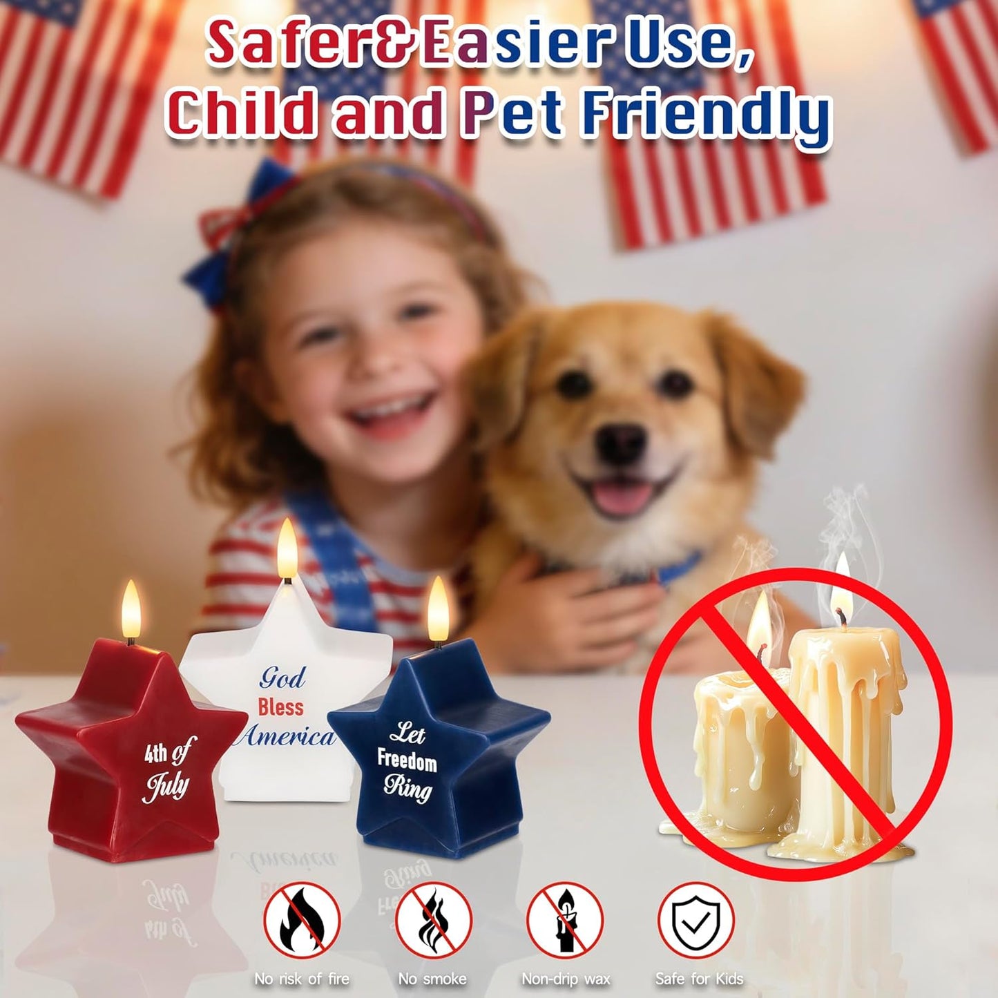4th of July Flameless Pillar Candles with Remote, Patriotic Red White and Blue Battery Operated Star Shaped LED Pillar Candle Set of 3, Independence Day Decorations for Home Party Table Fireplace