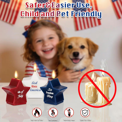 4th of July Flameless Pillar Candles with Remote, Patriotic Red White and Blue Battery Operated Star Shaped LED Pillar Candle Set of 3, Independence Day Decorations for Home Party Table Fireplace