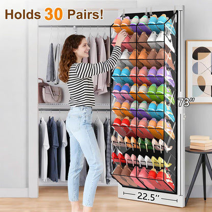 UVIAHOMI 20-30 Pairs Over the Door Shoe Organizer, Clear Pockets Hanging Shoe Storage for Closet, 10-Tier Door Shoes Rack, Handing Shoes Holder Fit All the Family's Sneakers, Boots, Heels, White