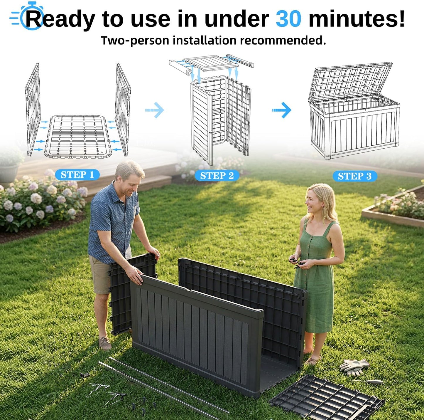 200 Gallon Deck Box, Resin Outdoor Waterproof Storage Box, Lockable Storage Box With Handle for Patio Furniture - Garden Tools - Swimming Pool Tools UV Resistant, Black