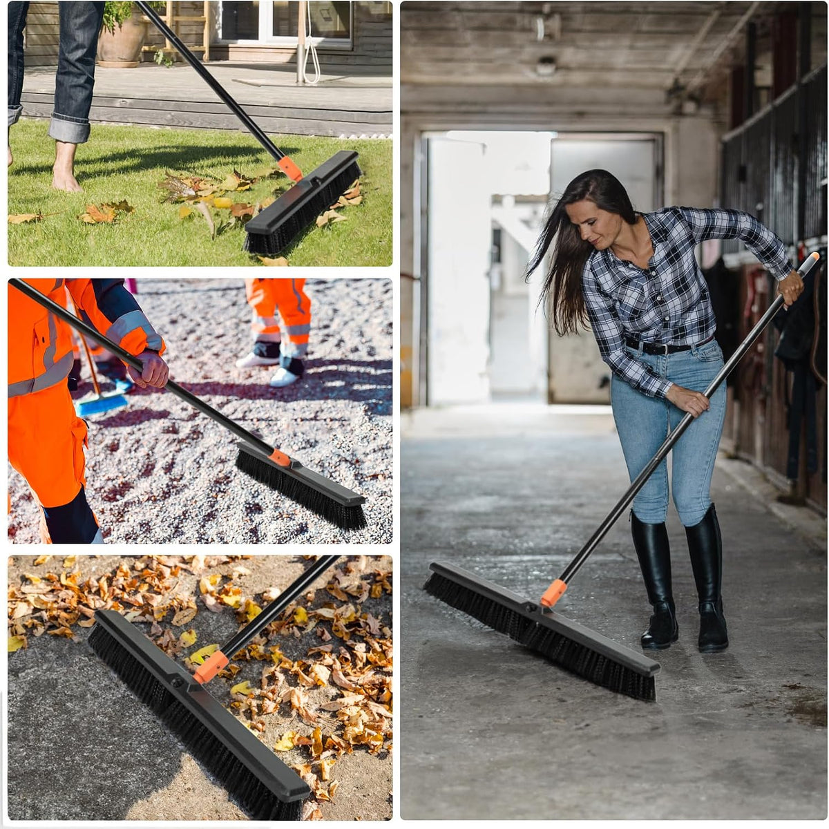 TreeLen 24 Inches Push Broom Outdoor Heavy Duty Floor Scrub Brush with Long Handle Stiff Bristles Broom for Patio Yard Garage Deck Driveway Concrete Floor Cleaning