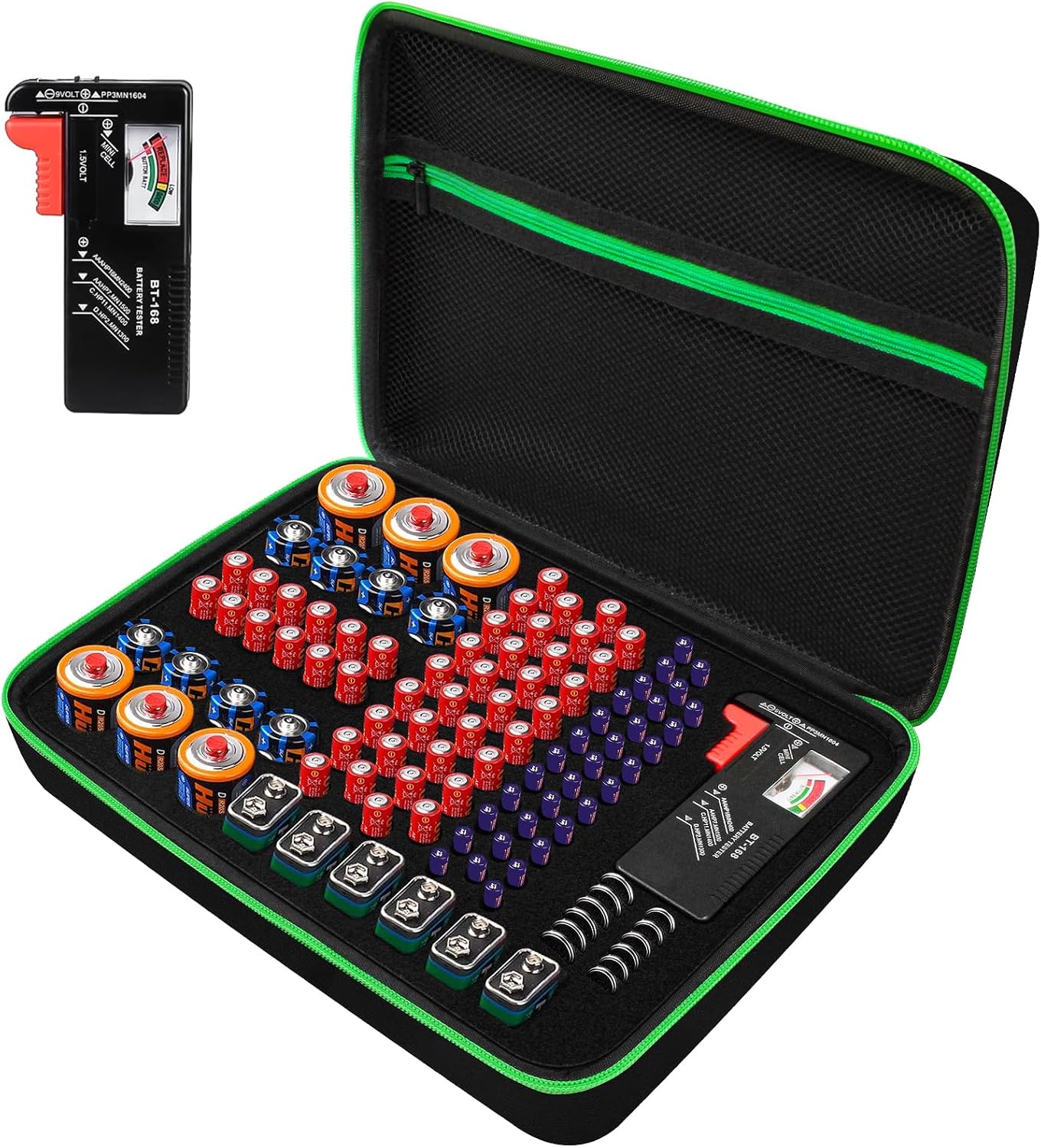 Battery Organizer Storage Case with Tester for AA AAA C D 9V Battery Holder 7 Batteries Variety Pack 111 Batteries Mesh Bag (Batteries Not Included) (black-green)
