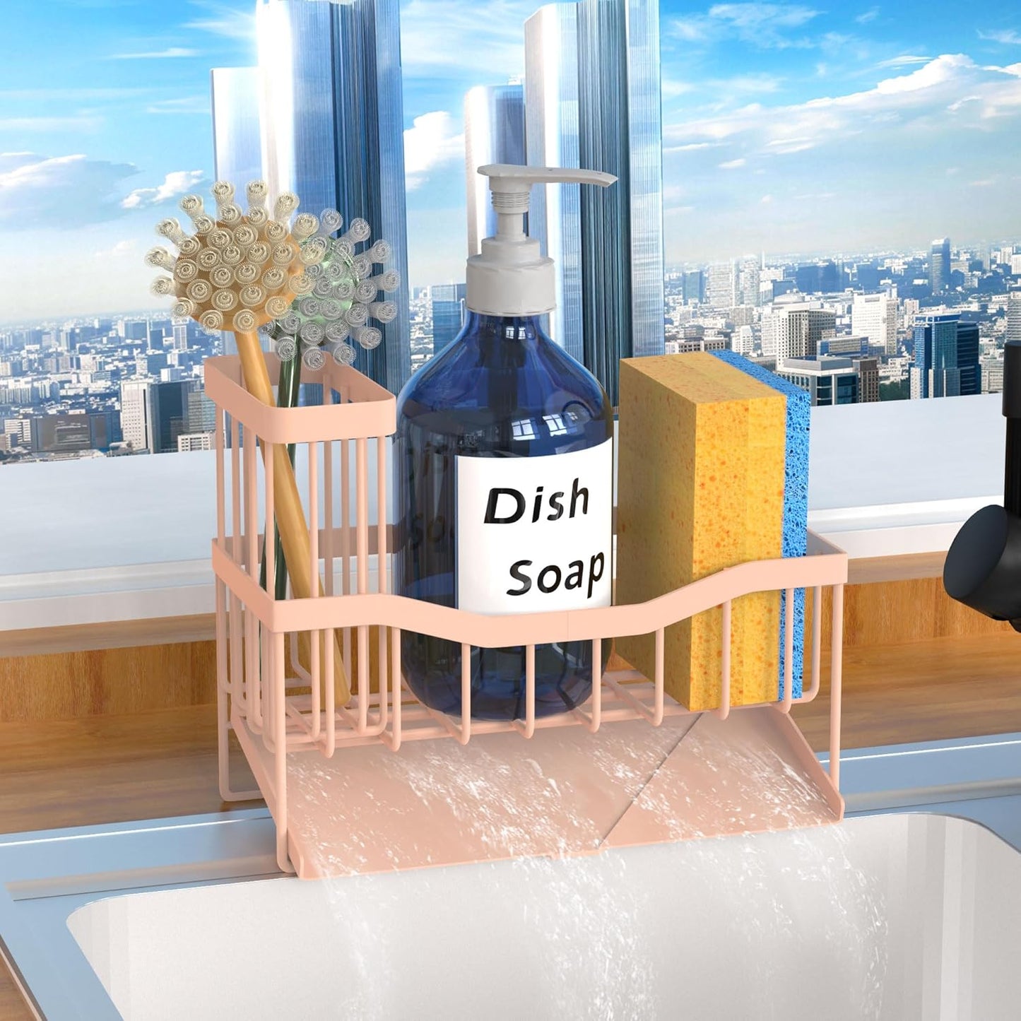 Maifan Sink Caddy Sponge Holder for Kitchen with Brush Holder and Stainless Steel Self Drain Tray, Rustproof Kitchen Sink Organizer for Sponge, Soap Dispenser Storage Accessories (Lacquer Silver)