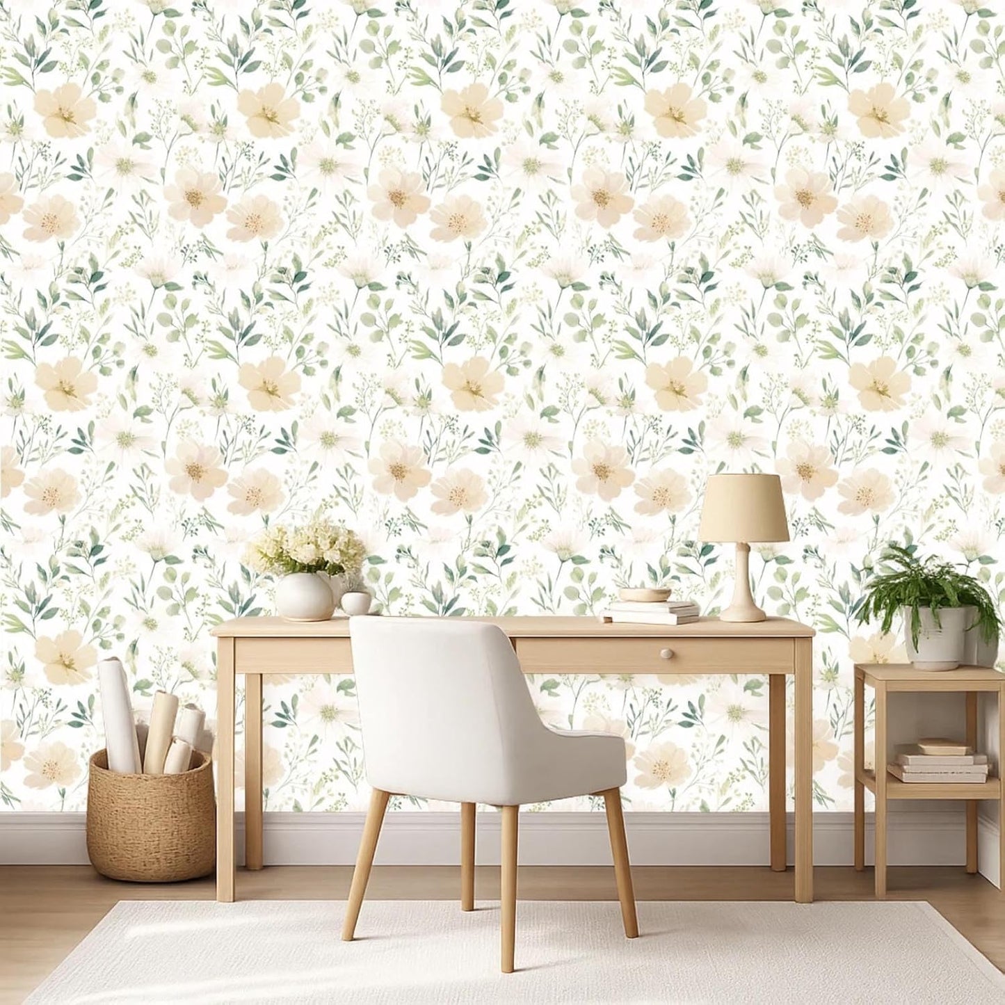 Sage Green Floral Peel and Stick Wallpaper Self Adhesive Removable Modern for Bedroom Accent Wall Renter Friendly Thick Watercolor Natural Flower Wallpaper 17.7" x 118"