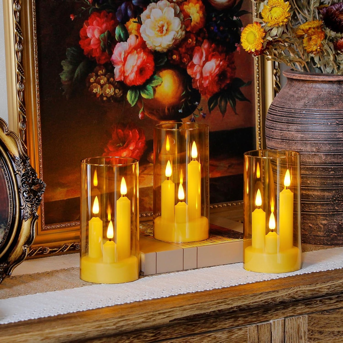 3 in 1 Flameless Taper Short Candles with 10 Key Remote Control and Timer, Battery Operated Pack of 2 LED Acrylic 3" x6" Grey Pillar Flickering Warm Light