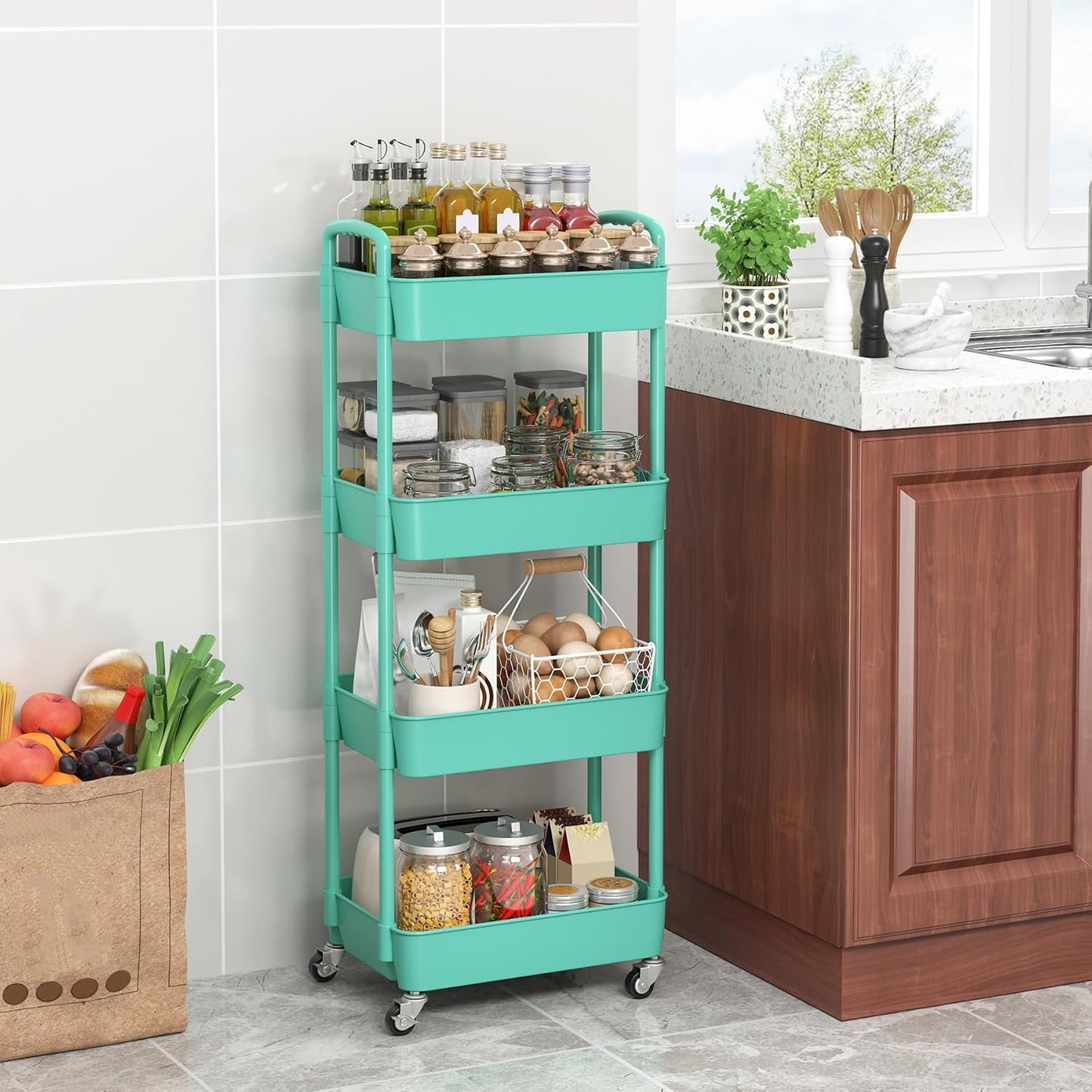 Sywhitta 4-Tier Plastic Rolling Utility Cart with Handle, Multi-Functional Storage Trolley for Office, Living Room, Kitchen, Movable Storage Organizer with Wheels, Black