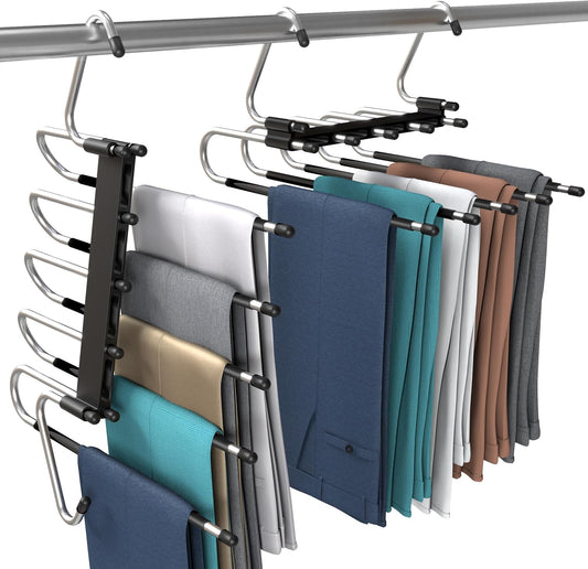 Utopia Home Pants Hangers, Space Saving 2 Pack Black Foldable Hangers | Foldable Hangers with Clips for Pants, Jeans, Skirts, S-Type Stainless Steel Hook, Anti-Slip Hanger for Closet Organization