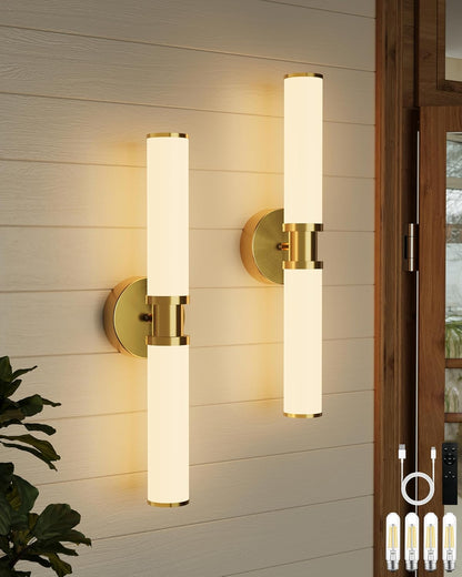 Wireless Wall Sconces with Remote Control, Battery Operated Wall Sconce Set of 2 with Timer, Gold Rechargeable Dimmable Glass Wall Lights for Living Room Bedroom Hallway Entryway 3000K, 20.5 Inch