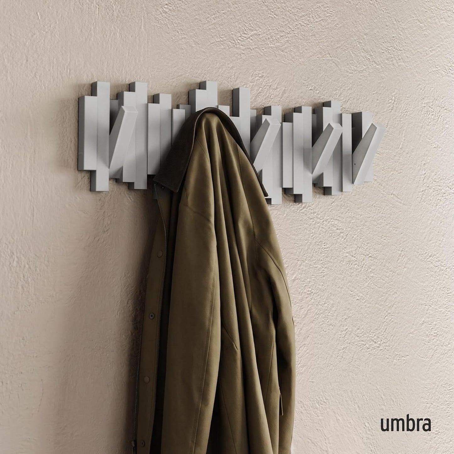Umbra Sticks Wall-Mounted Coat Rack Rail Hook with 5 Retractable Pegs – Modern, Space-Saving Storage Organizer, Black